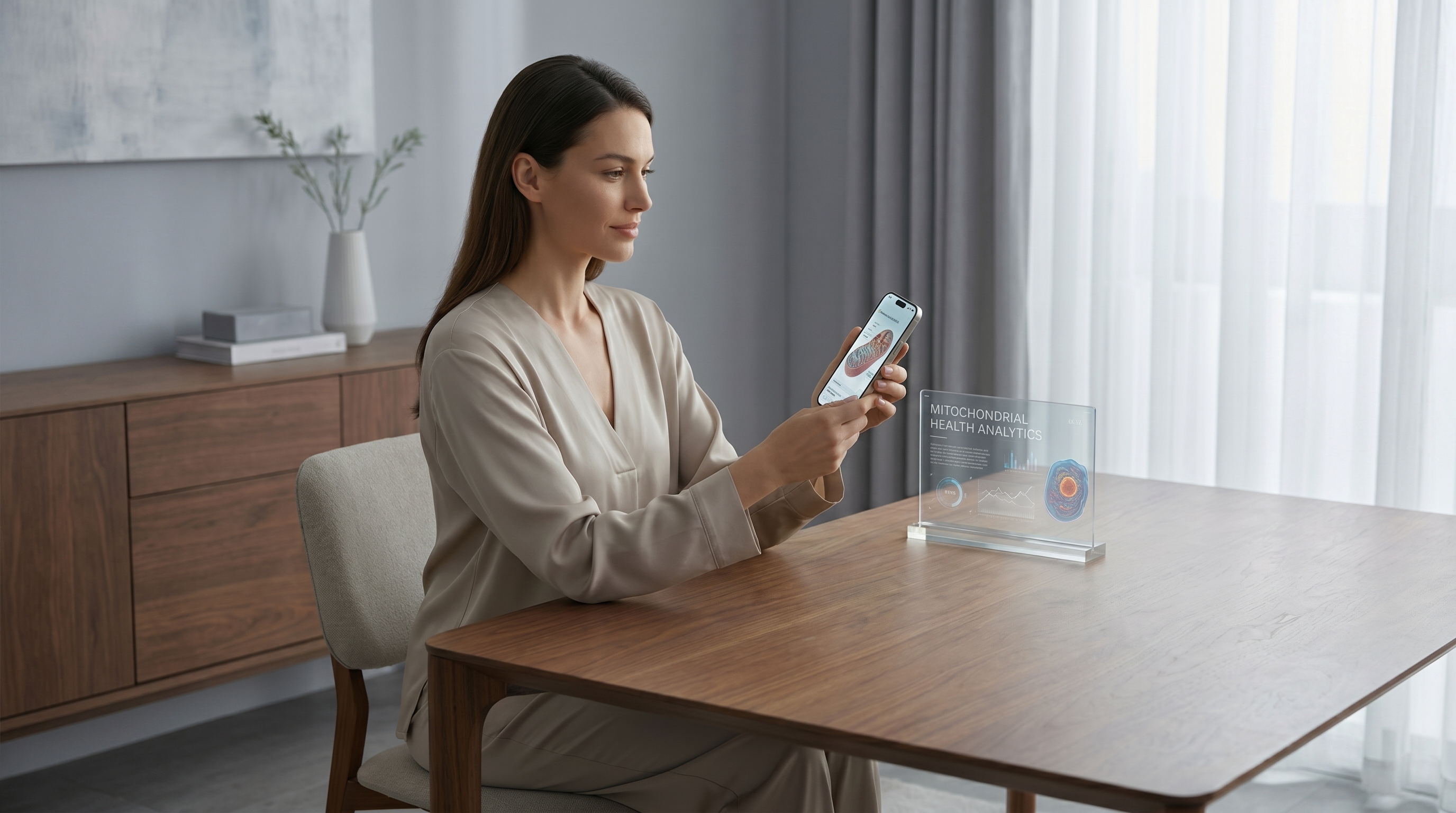 Woman taking control of mitochondrial health through biomarker testing to improve cellular energy and address mitochondrial dysfunction symptoms